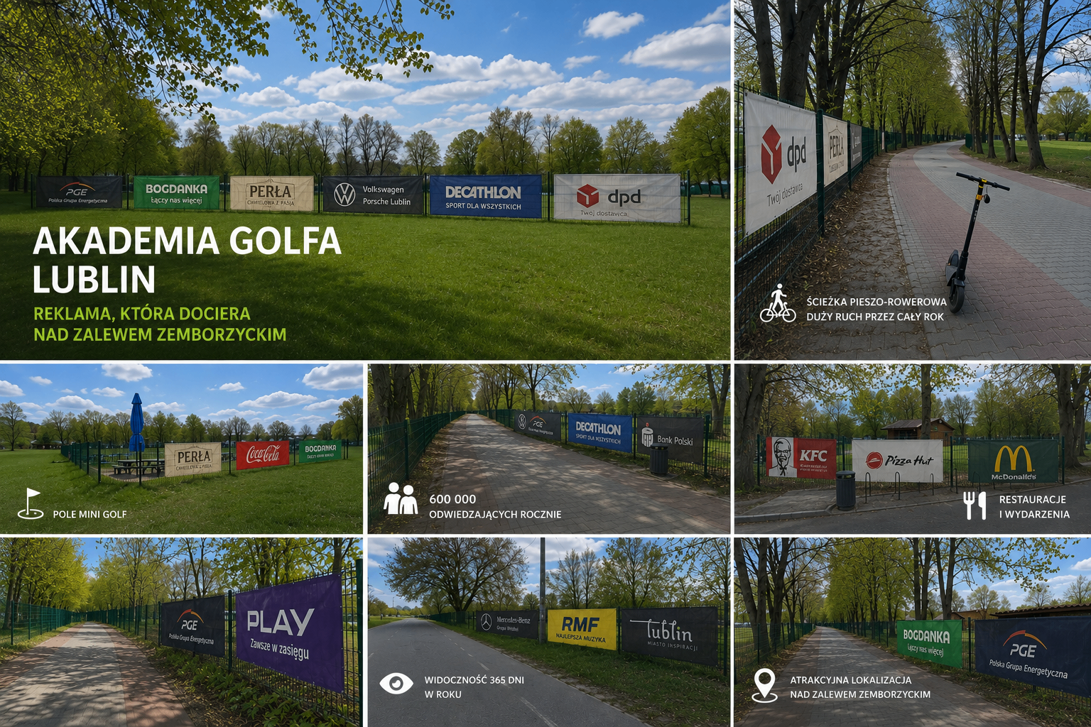 Kolaż prezentujący przykładowe zastosowania reklam outdoorowych w Akademii Golfa w Lublinie.